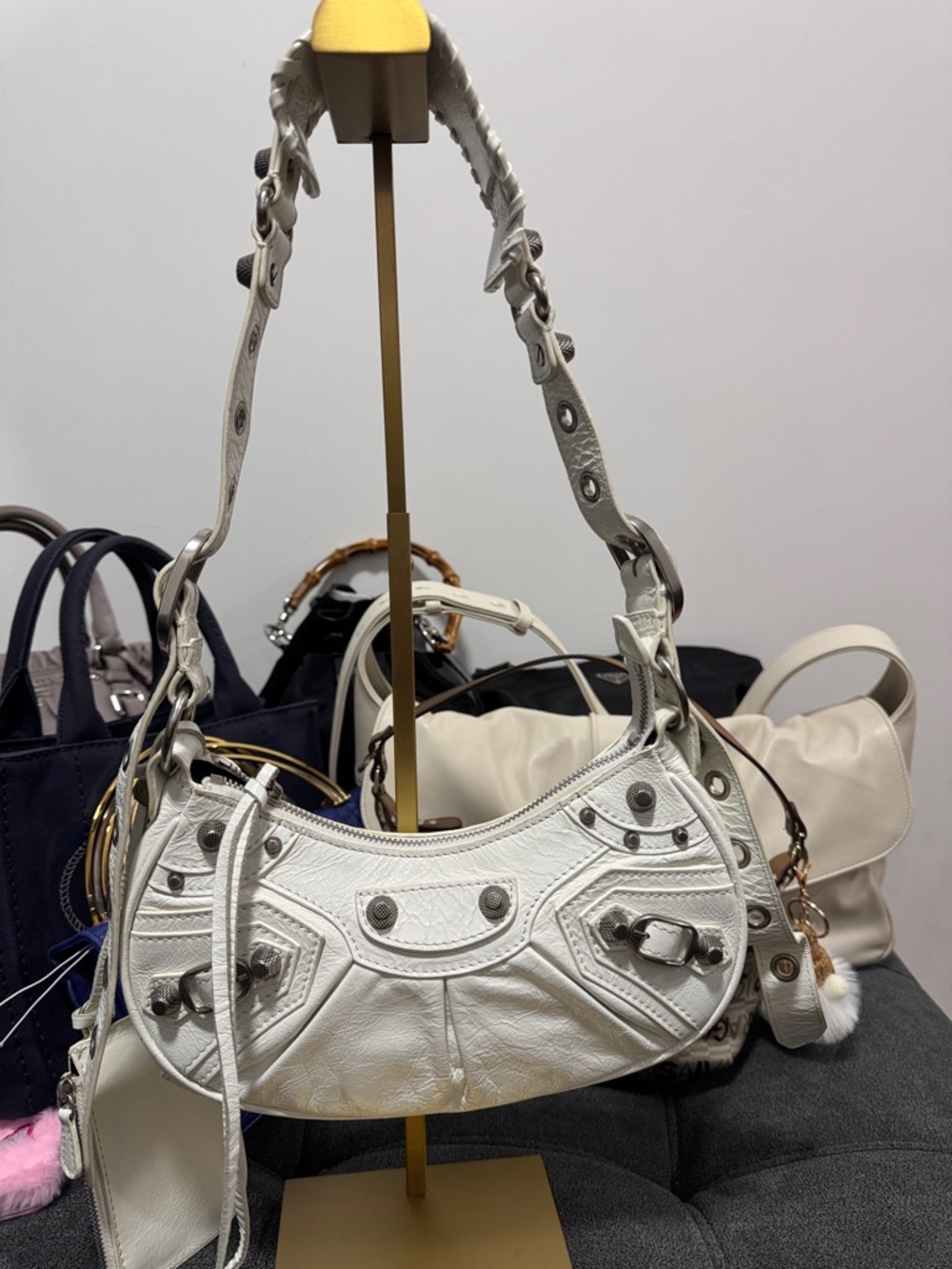 Balenciaga White Leather Stud-Accent Shoulder Bag